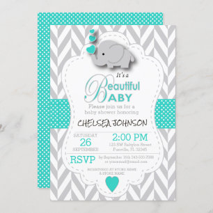 Turquoise, White Grey Elephant Baby shower Kaart