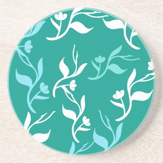 Turquoise White Leaves Pattern Product Zandsteen Onderzetter (Voorkant)