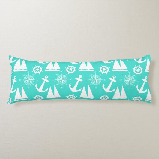 Turquoise White Nautical Coastal Boating Lichaamskussen (Voorkant)