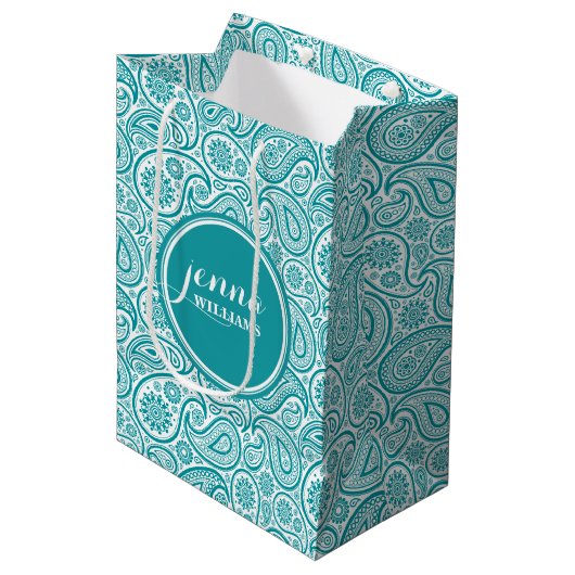 Turquoise & White paisley Dammaskers Medium Cadeauzakje (Voorkant Gekanteld)