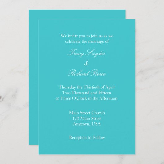 Turquoise White Plain Simple Wedding Invitation Kaart (Voorkant / Achterkant)