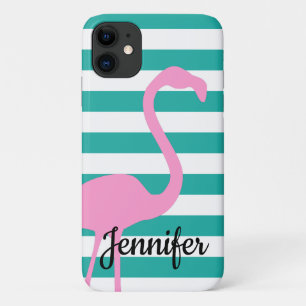 Turquoise White Stripe Personalized Pink Flamingo iPhone 11 Hoesje