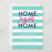 Turquoise & White Stripes Pink Housewarming Party Kaart (Voorkant)
