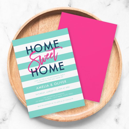 Turquoise & White Stripes Pink Housewarming Party Kaart