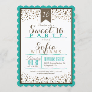 Turquoise, White & Taupe Sweet 16 Party Kaart