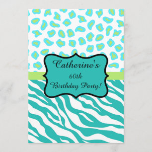 Turquoise White Zebra Leopard 60th Birthday Party Kaart