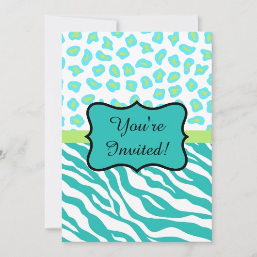 Turquoise White Zebra Leopard Invitation Kaart (Voorkant)