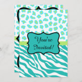 Turquoise White Zebra Leopard Invitation Kaart (Voorkant / Achterkant)