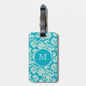 Turquoise & WhiteBloemen Damasks-Gepersonaliseerd Bagagelabel (Achterkant verticaal)
