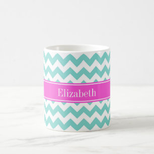 Turquoise Wht Chevron Hot Pink Name Monogram Koffiemok
