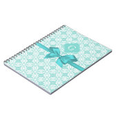 Turquoise Wht Damask #2 Turquoise Label Bow Notitieboek (Linkerzijde)