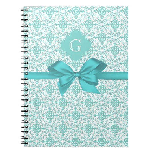 Turquoise Wht Damask #2 Turquoise Label Bow Notitieboek (Voorkant)