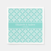  Turquoise Wht Damask #3 Turq Naam Monogram Servetten (Voorkant)