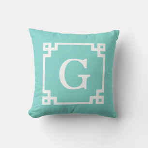 Turquoise Wht Griekse Sleutel Montuur #2 Initiele Kussen