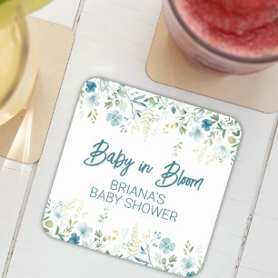 Turquoise wilde bloemen jongens babyshower vierkante kartonnen onderzetter