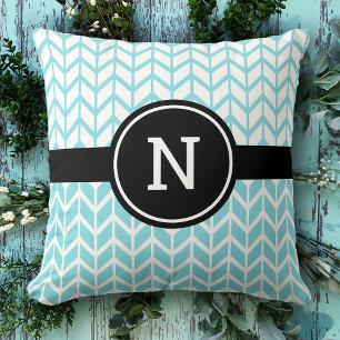 Turquoise wit Chevron patroon Monogram Modern Kussen