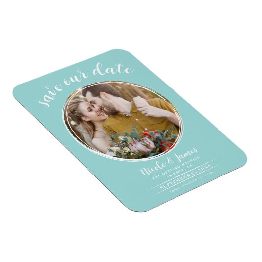 Turquoise & Wit Moderne Ronde Foto Save the Date Magneet (Rechterzijde)