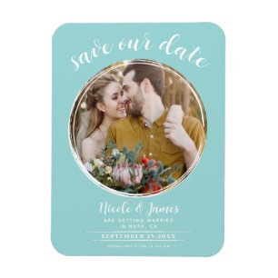 Turquoise & Wit Moderne Ronde Foto Save the Date Magneet