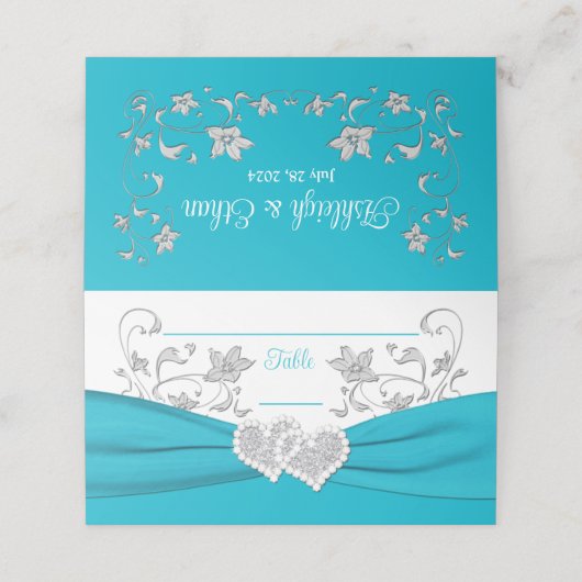 Turquoise, wit, zilveren liefdesharten bruiloft (Buitenkant ongevouwen)