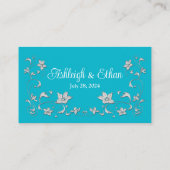 Turquoise, wit, zilveren liefdesharten bruiloft plaatskaartje (Achterkant)