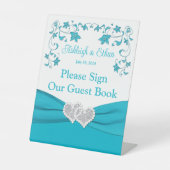 Turquoise, wit, zilveren liefdesharten bruiloft reclamebord met voetstuk (Voorkant)