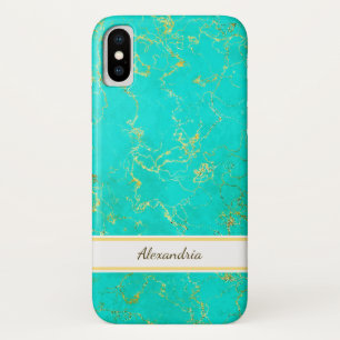 Turquoise with Gold Veins Stone Pattern and Name iPhone X Hoesje