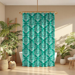 Turquoise & Witte Bloemen Art Deco Patroon Douchegordijn