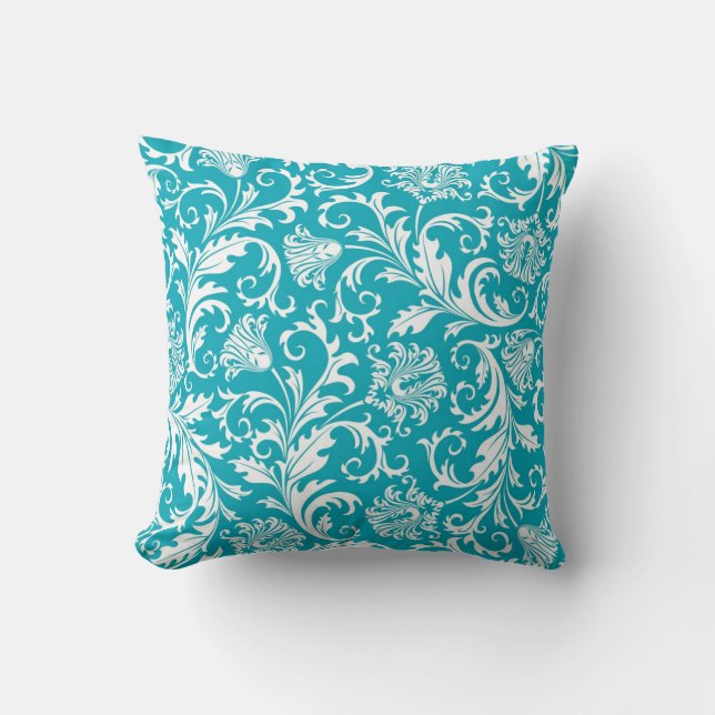Turquoise & Witte  Bloemen Damasks Kussen (Voorkant)
