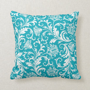 Turquoise & Witte  Bloemen Damasks Kussen