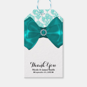 Turquoise & Witte Damast Bling Boog Glam Sweet 16  Cadeaulabel
