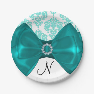 Turquoise & Witte Damast Glamour Boog Feestelijke Papieren Bordje