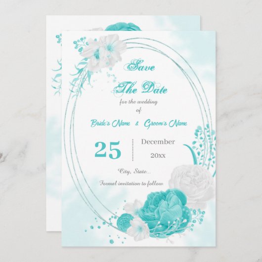 turquoise witte florale geometrisch save the date (Voorkant / Achterkant)