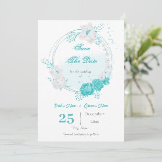 turquoise witte flormond save the date (Staand voorkant)