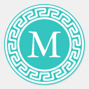 Turquoise Witte Ronde Griekse Sleutelrand Monogram Sticker