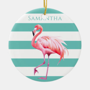 Turquoise witte strepen roze flamingo kerst keramisch ornament