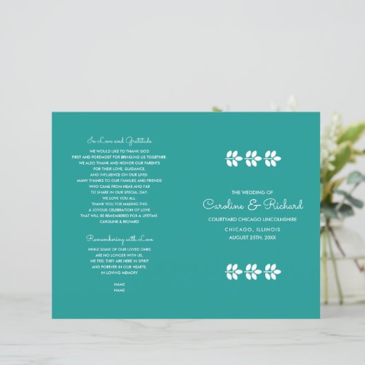 Turquoise witte takken bruiloft programma (Staand voorkant)