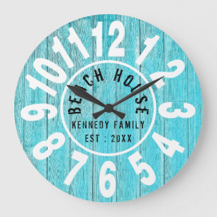 Turquoise Wood Beach House Black Big Numbers Grote Klok