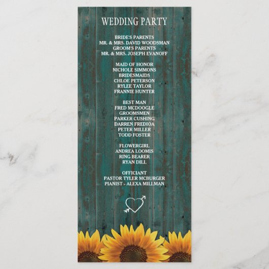 Turquoise Wood Rustic Sunflower Programmes de mari (Dos)