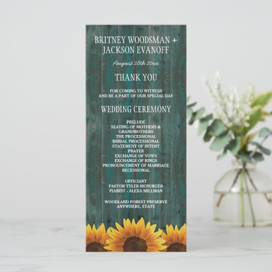 Turquoise Wood Rustic Sunflower Programmes de mari (Debout devant)
