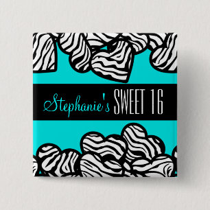 Turquoise zebra hart Sweet 16 Verjaardag Button
