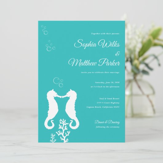 Turquoise zeepaardbruiloft uitnodiging (Staand voorkant)