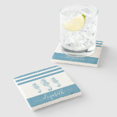 turquoise zeepaardje beach house scriptnaam stenen onderzetter (Zijkant)