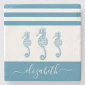 turquoise zeepaardje beach house scriptnaam stenen onderzetter (Voorkant)