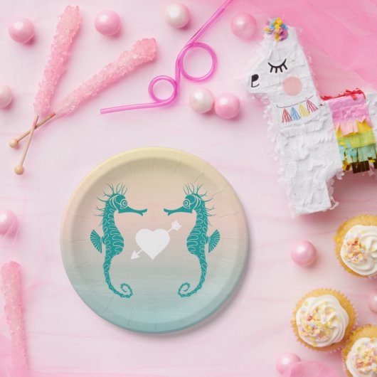 Turquoise zeepaardje Blue Peach Beach Huwelijkslie Papieren Bordje (Feest)