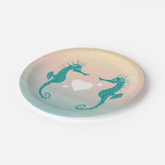 Turquoise zeepaardje Blue Peach Beach Huwelijkslie Papieren Bordje (Gekanteld)