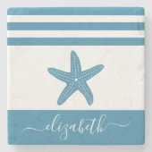 Turquoise zeesterren strand huis script naam  stenen onderzetter (Voorkant)
