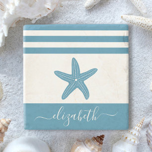 Turquoise zeesterren strand huis script naam stenen onderzetter