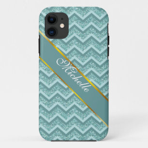 turquoise zigzagpatroon met glitter iPhone 11 hoesje