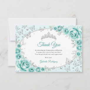 Turquoise Zilveren Bloemige Quinceanera Bedankkaart