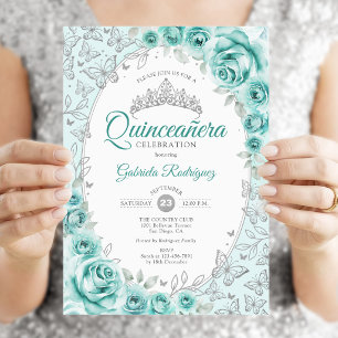 Turquoise Zilveren Bloemige Quinceanera Kaart
